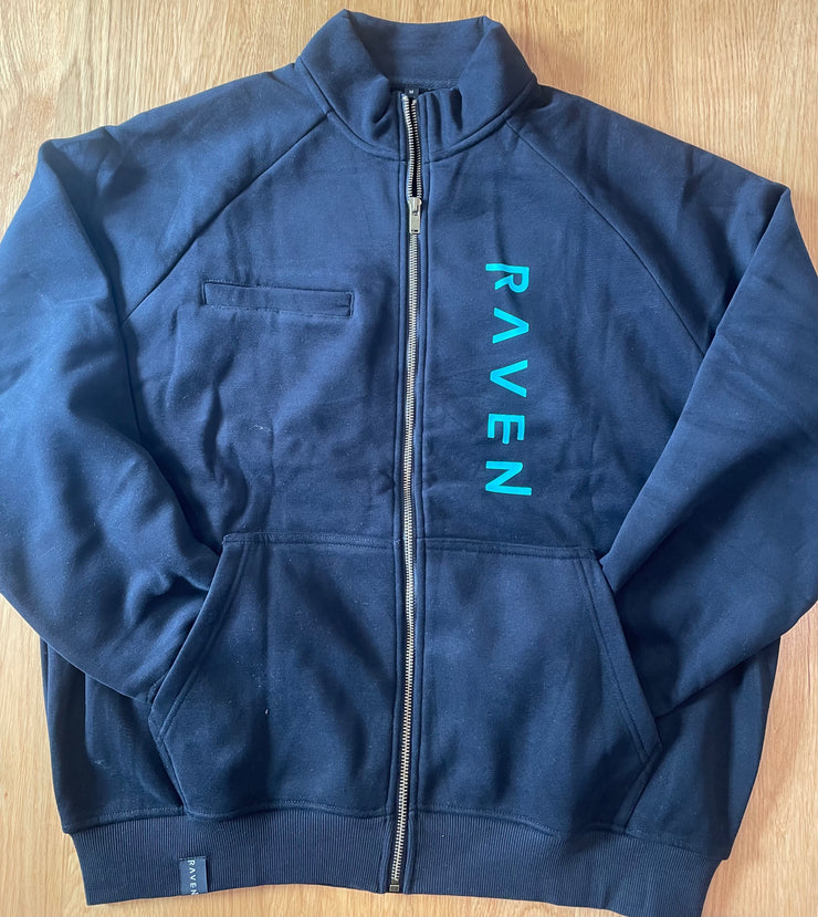 A navy blue zip-up high neck sweater with the word &