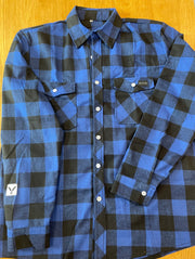 blue and black plaid button up long sleeve shirt