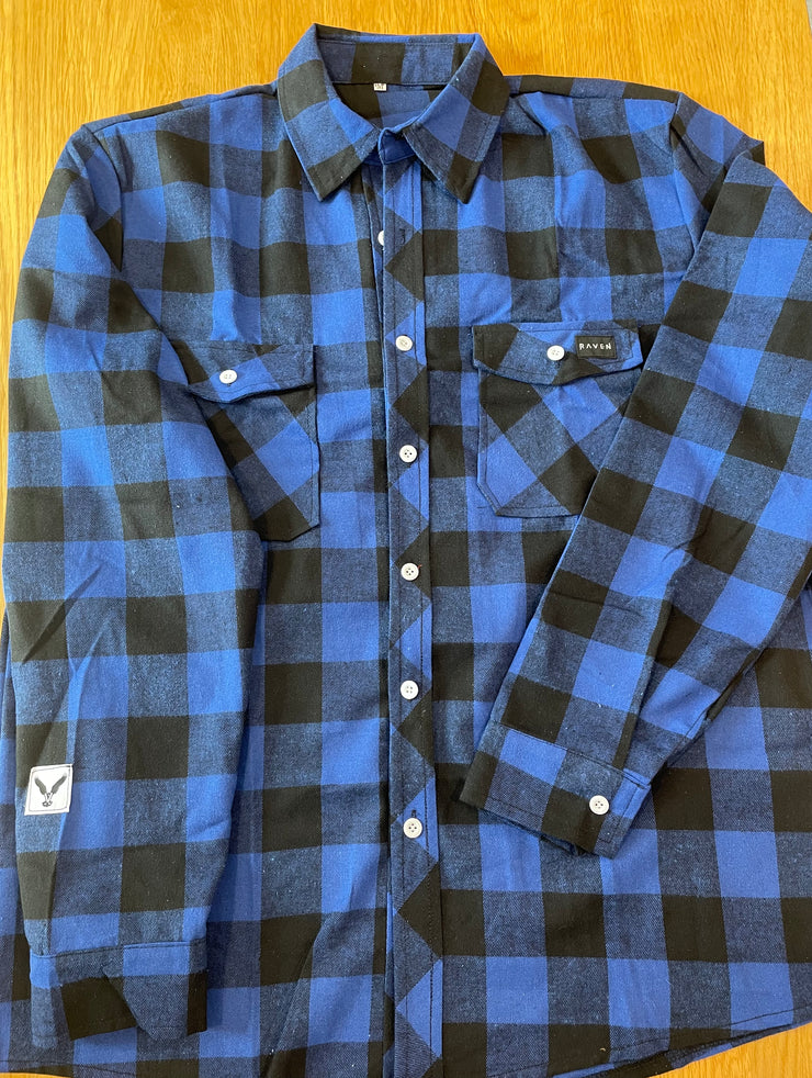 blue and black plaid button up long sleeve shirt