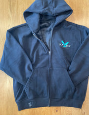 A navy blue zip-up high neck sweater with the word 'RAVEN' written across the front in stylized lettering.