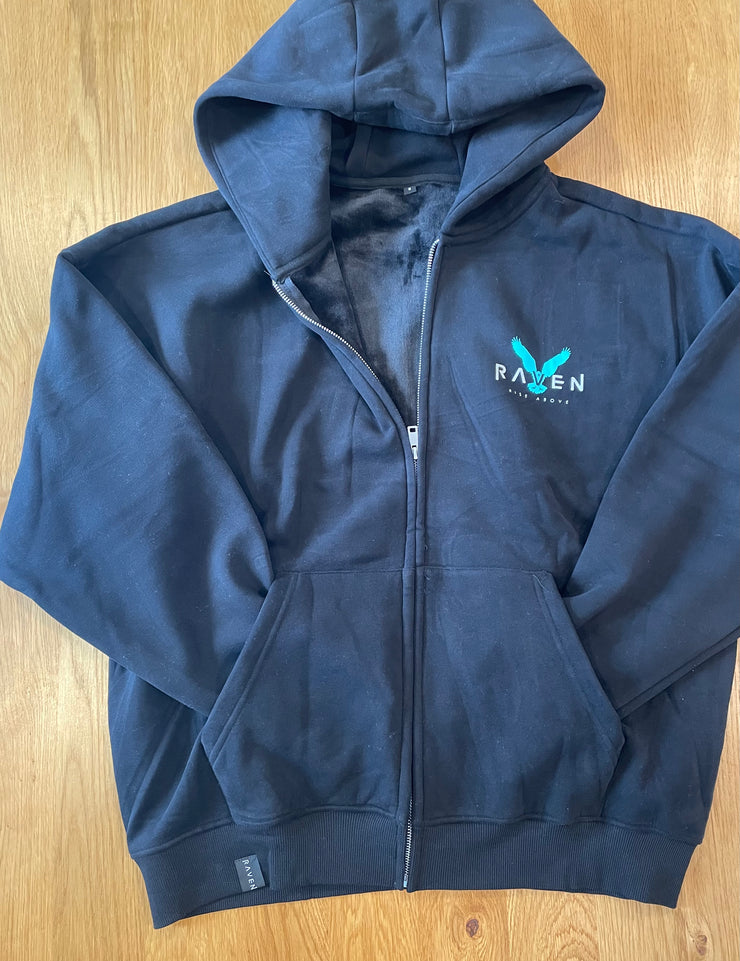 A navy blue zip-up high neck sweater with the word &
