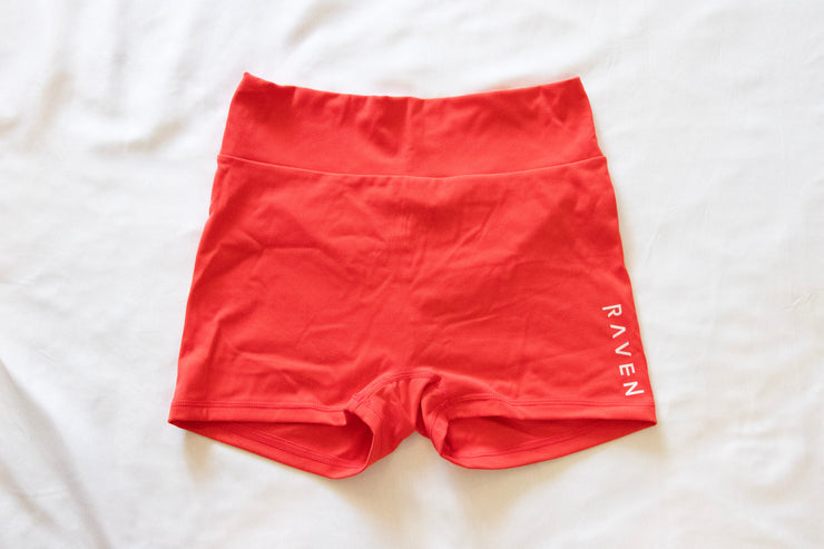 front of red scrunchy butt booty shorts