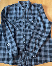 grey and black plaid button up long sleeve shirt